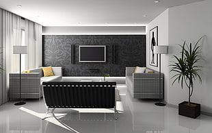 living room with 3-piece sofa set, wall-mounted flat-screen TV and two floor lamps